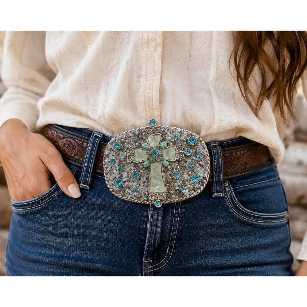 T's Buckin Buckles Cross Belt Buckle Western Christian Cowgirl Blue Rhinestone